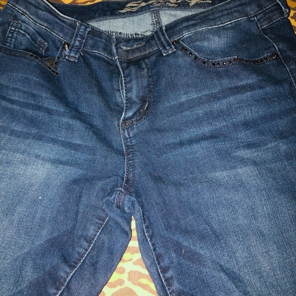 Seven7 size 10 blue denim jeans classic high rise stretch skinny beaded pockets